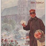 Fragment obrazu A. Setkowicza przedstawiający mężczyznę z bukietem kwiatów na tle Kościoła Mariackiego