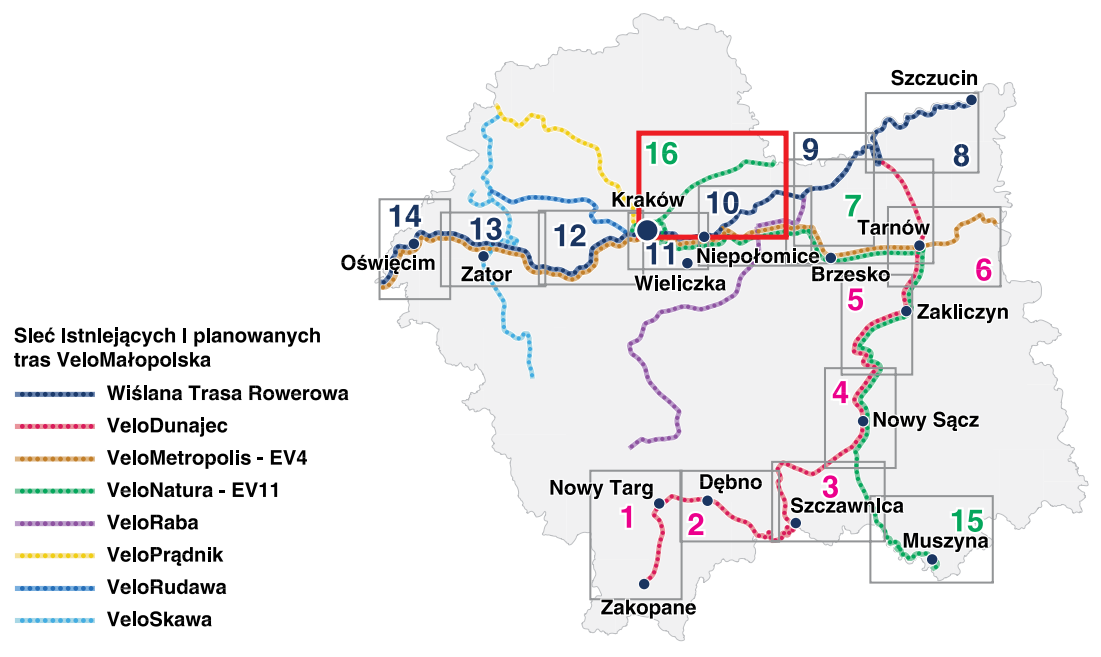 mapa Małopolski z trasami VeloMałopolska 